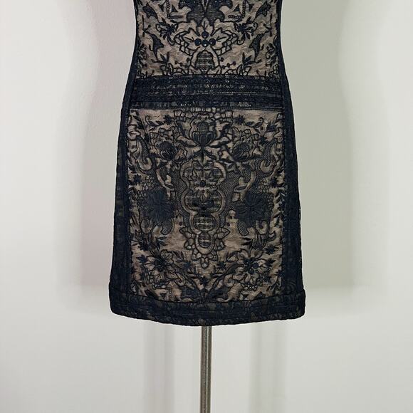 Tadashi Shoji | Black Lace Nude Illusion Formal Cocktail Designer Mini Dress 2 - Picture 4 of 10